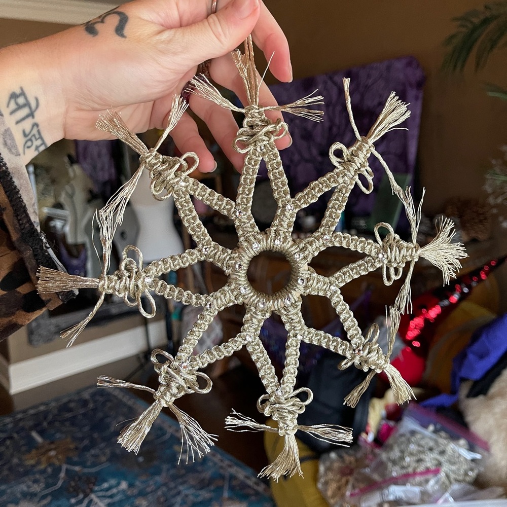 Handmade Macramé Metallic Silver Snowflake